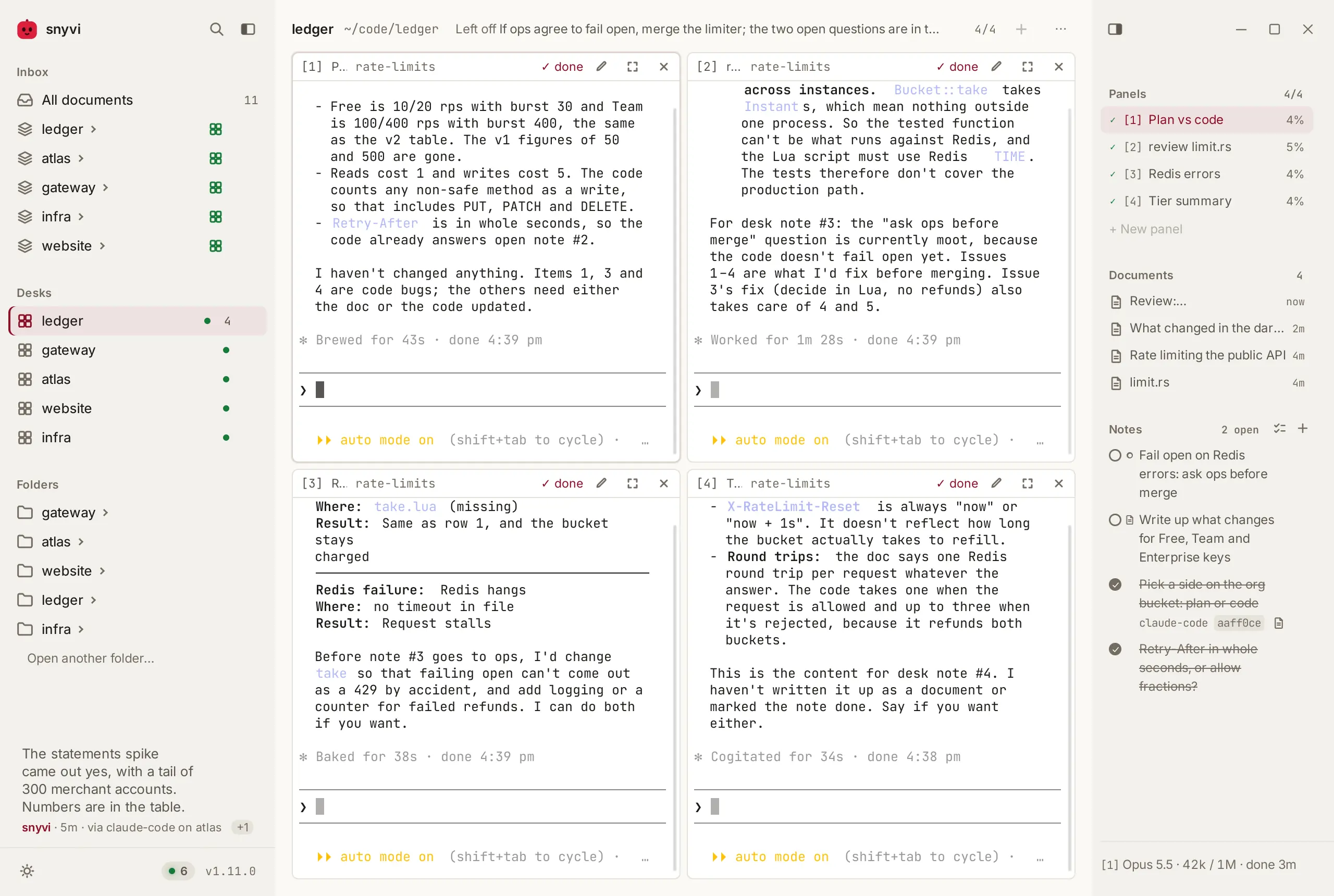 The ledger desk in snyvi: four Claude Code sessions side by side in their own panels, the projects in the sidebar, and the desk's panels, documents and notes in the rail